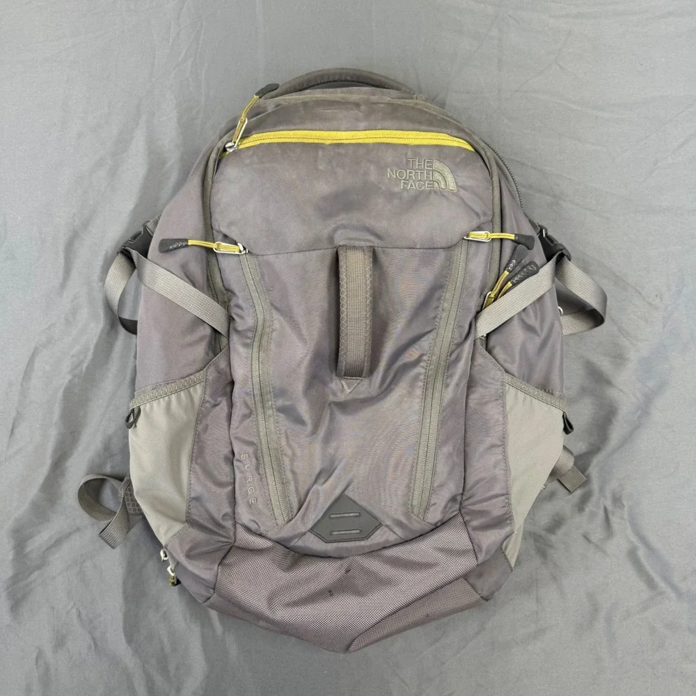 The North Face Surge Backpack Gray Yellow Laptop Bag FlexVent Hiking Travel
